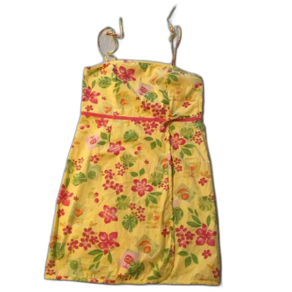 Tahiti Reef Club Floral Knee length Faux Wrap Dress Sundress Yellow Pink Sz L - Picture 3 of 7